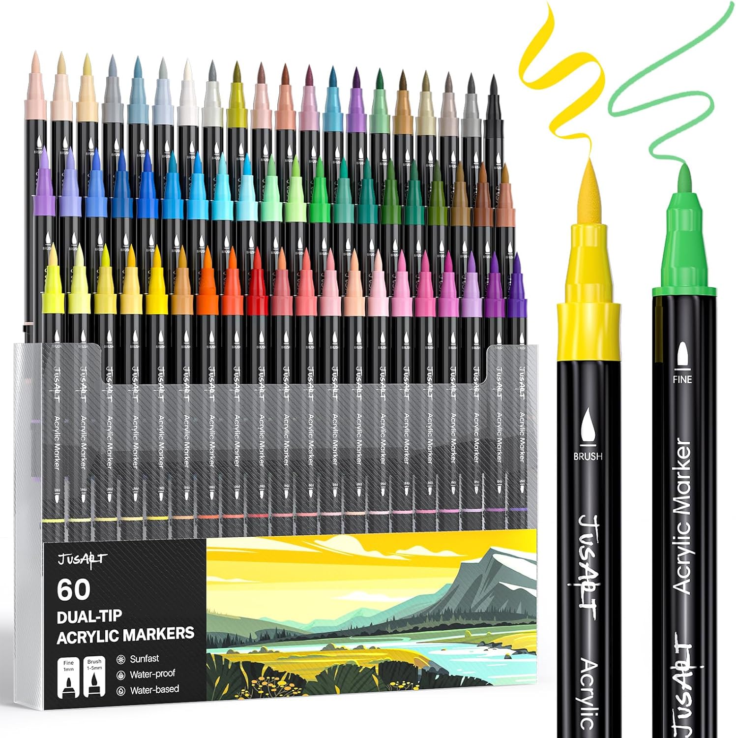 JusArt 60 Colors Dual Tip Acrylic Paint Pens Markers