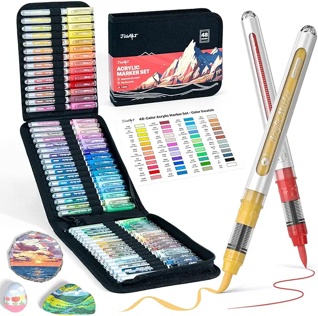 JusArt 48 Colors Acrylic Paint Markers with Canvas Bag