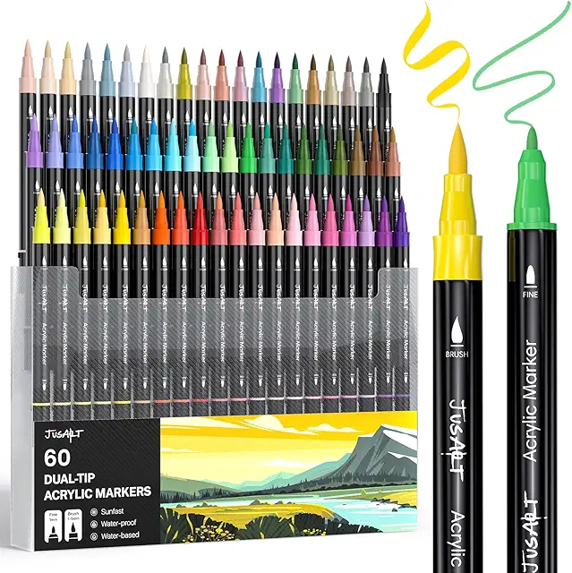 JusArt 60 Colors Dual Tip Acrylic Paint Pens Markers
